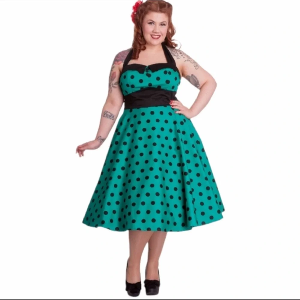πHPπNWT- HELL BUNNY VIXEN GREEN & BLACK HALTER PINUP DRESS SIZE LARGE - Picture 1 of 15